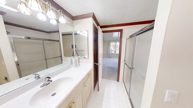 23 W Woods Vlg, Yarmouth Port, MA 02675 - full bathroom with vanity, a shower with door, and crown molding