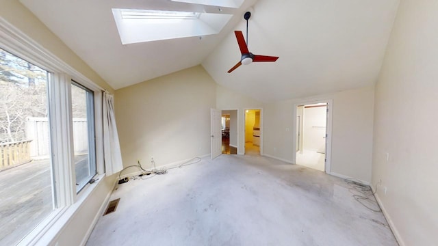23 W Woods Vlg, Yarmouth Port, MA 02675 - unfurnished bedroom with vaulted ceiling, a skylight, ensuite bath, and ceiling fan