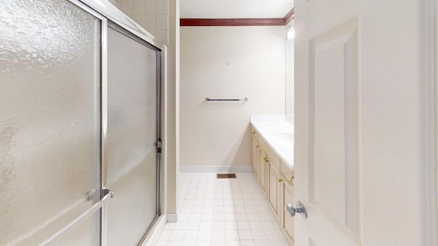 23 W Woods Vlg, Yarmouth Port, MA 02675 - bathroom with a shower with door, vanity, tile patterned floors, and crown molding