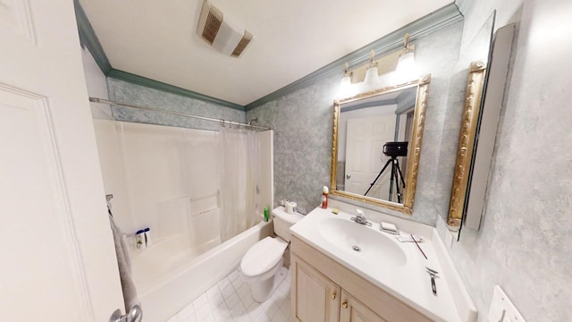 23 W Woods Vlg, Yarmouth Port, MA 02675 - bathroom featuring crown molding, vanity, shower / bath combo, and tile patterned flooring
