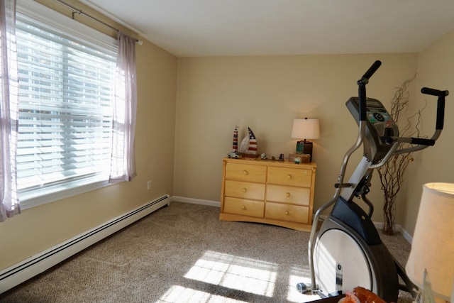 57 Camden Ln, Mashpee, MA 02649 - exercise room with a baseboard radiator, plenty of natural light, carpet floors, and baseboards