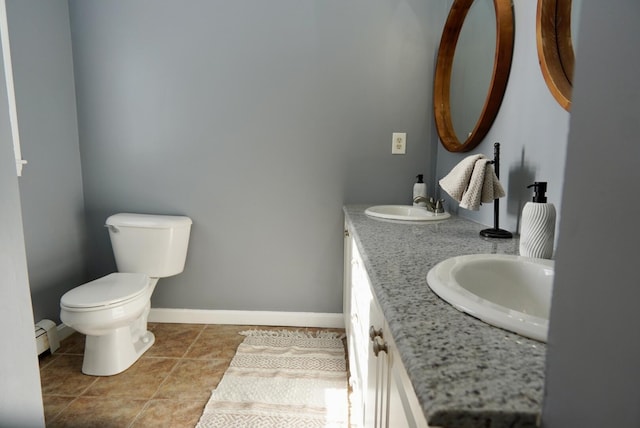 57 Camden Ln, Mashpee, MA 02649 - bathroom featuring toilet, double vanity, tile patterned flooring, baseboards, and a baseboard radiator