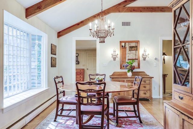 dining area featuring baseboard heating, a chandelier, light wood-style flooring, and baseboards