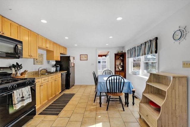 188 Captain Chase Rd, Dennis Port, MA 02639 - kitchen featuring baseboards, light brown cabinetry, recessed lighting, black appliances, and light tile patterned flooring