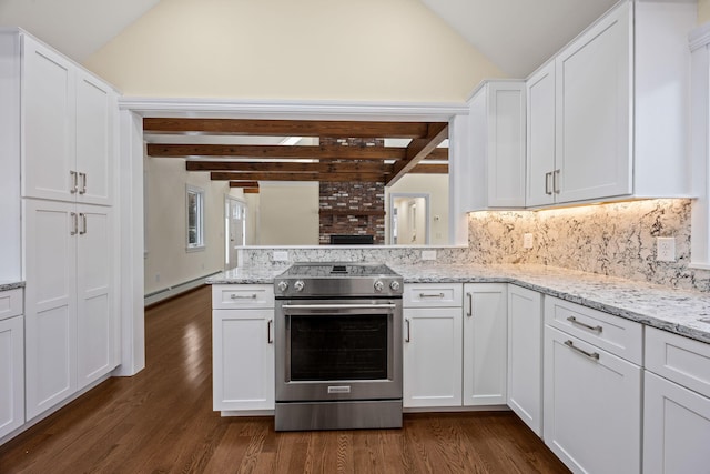 507 S Orleans Rd, Orleans, MA 02653 - kitchen with stainless steel electric range oven, dark wood-style floors, baseboard heating, and white cabinets