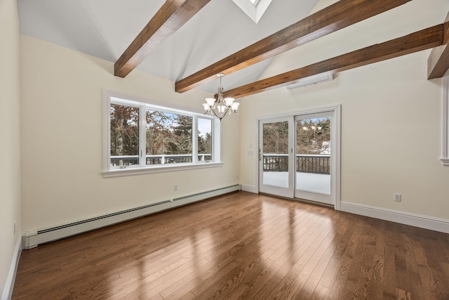 507 S Orleans Rd, Orleans, MA 02653 - empty room featuring a baseboard radiator, a chandelier, baseboards, and wood finished floors