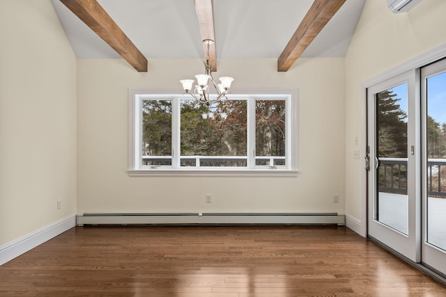 507 S Orleans Rd, Orleans, MA 02653 - unfurnished dining area featuring a chandelier, healthy amount of natural light, beamed ceiling, wood finished floors, and baseboards