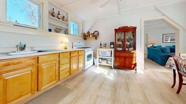 kitchen with white appliances, sink, and light hardwood / wood-style flooring