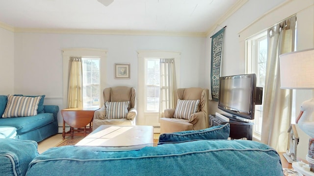 living room featuring baseboard heating and ornamental molding