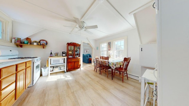 kitchen with baseboard heating, ceiling fan, white appliances, and light hardwood / wood-style flooring