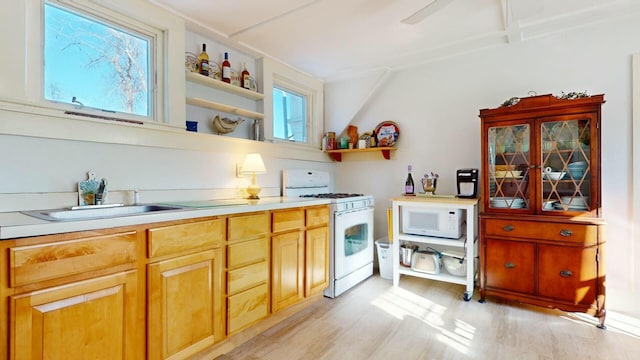 kitchen featuring white appliances, plenty of natural light, and light wood-type flooring