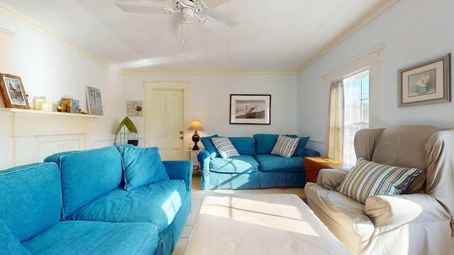 living room featuring ornamental molding and ceiling fan