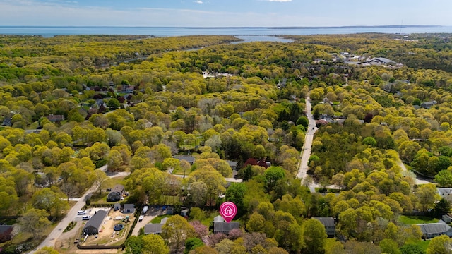 bird's eye view of a heavily wooded area and a nearby body of water