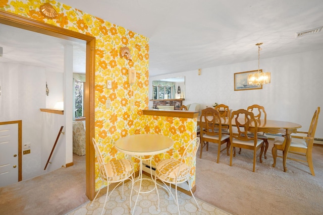dining space featuring wallpapered walls, a chandelier, carpet flooring, and baseboards