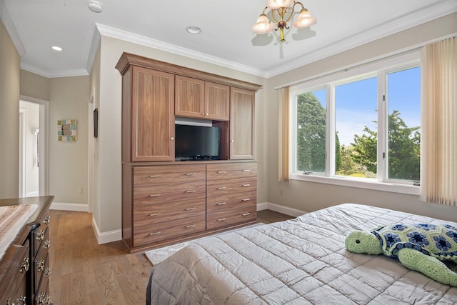 12 Windswept Ln, Orleans, MA 02653 - bedroom with baseboards, wood finished floors, a chandelier, recessed lighting, and ornamental molding