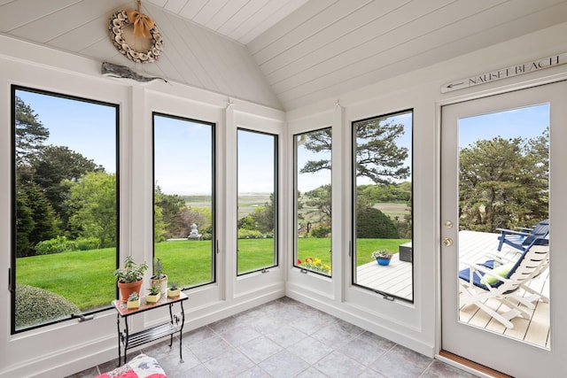 12 Windswept Ln, Orleans, MA 02653 - unfurnished sunroom with lofted ceiling, tile patterned flooring, healthy amount of natural light, and wooden ceiling