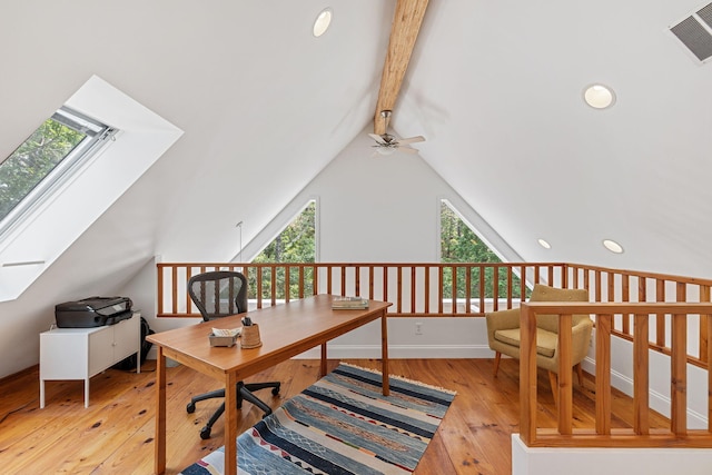 130 Daniels Dr, Wellfleet, MA 02667 - office with a skylight, ceiling fan, wood-type flooring, and recessed lighting
