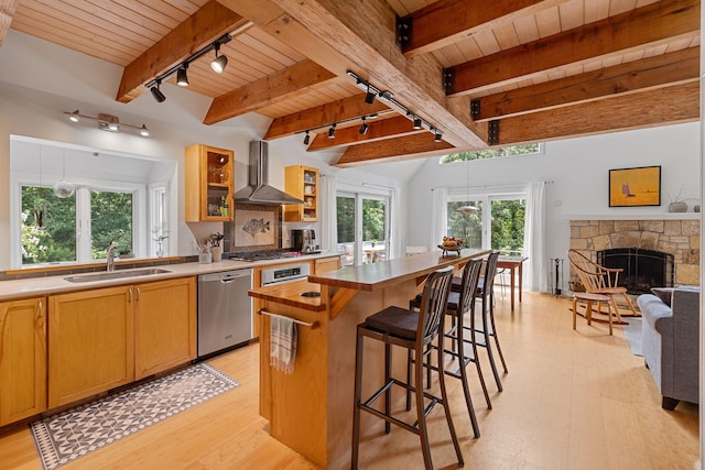 130 Daniels Dr, Wellfleet, MA 02667 - kitchen featuring stainless steel appliances, a wooden ceiling with exposed beams, rail lighting, wall chimney range hood, and light wood-style floors