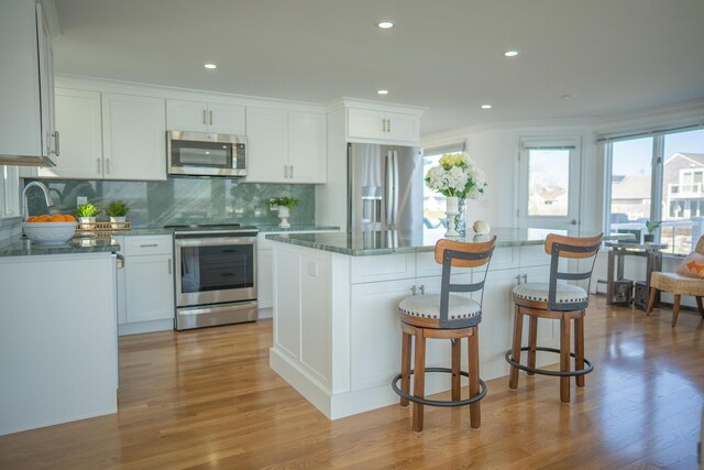 kitchen with light wood finished floors, a wealth of natural light, and stainless steel appliances