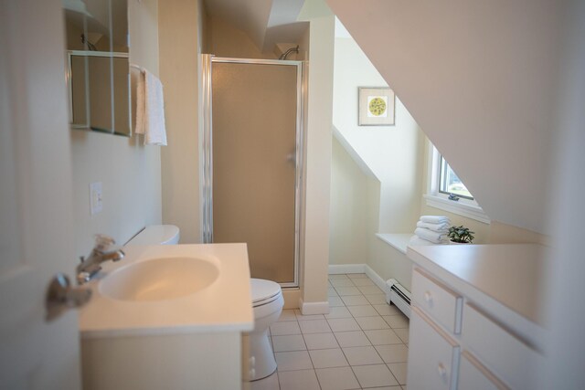 full bath featuring toilet, a baseboard radiator, a shower stall, and vanity