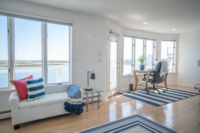 interior space with a baseboard heating unit, plenty of natural light, and hardwood / wood-style floors