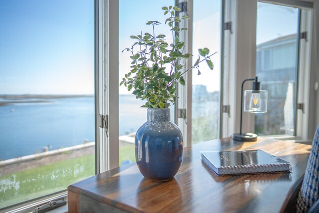 interior space with a water view