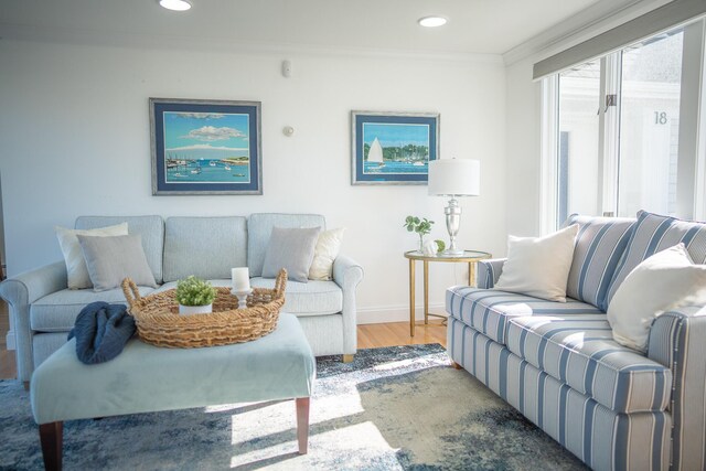 living area featuring crown molding, baseboards, recessed lighting, and wood finished floors