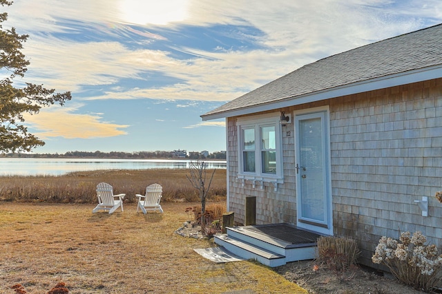 exterior space featuring a water view