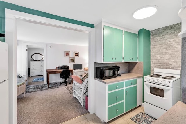 kitchen with decorative backsplash, light colored carpet, white electric stove, and green cabinets