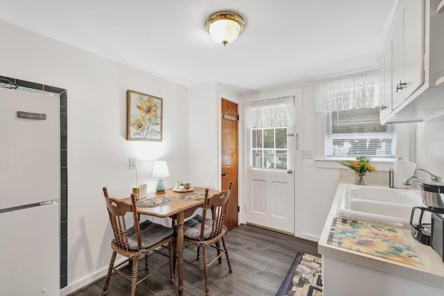 dining space featuring dark wood-type flooring and sink