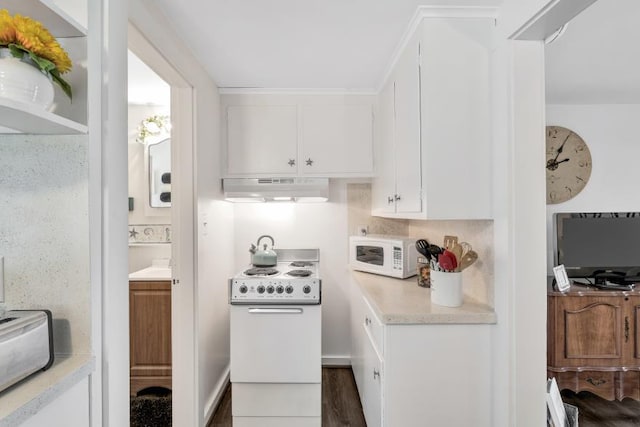 kitchen with white cabinets, white appliances, dark wood-type flooring, and decorative backsplash