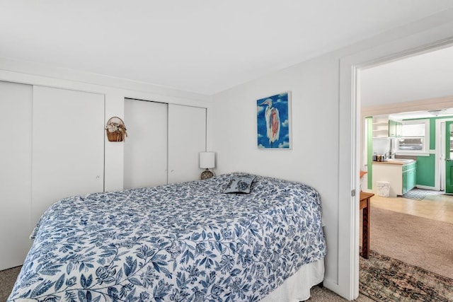 bedroom featuring carpet floors and two closets