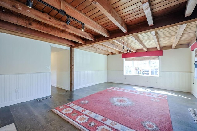 spare room featuring wainscoting, wooden ceiling, wood finished floors, beam ceiling, and track lighting