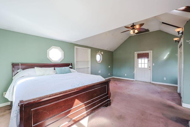 bedroom featuring a ceiling fan, carpet, lofted ceiling, and baseboards