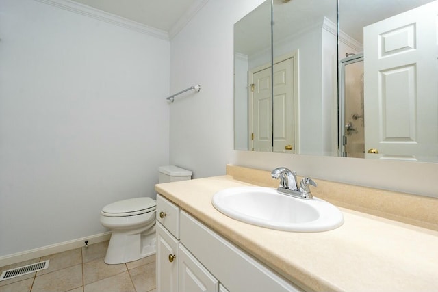 bathroom with crown molding, visible vents, toilet, an enclosed shower, and tile patterned flooring