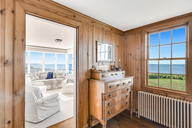 entryway featuring dark wood-type flooring, radiator, a water view, and wood walls