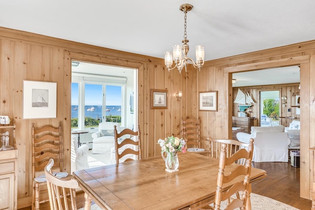 dining area featuring a water view, an inviting chandelier, plenty of natural light, and wood finished floors