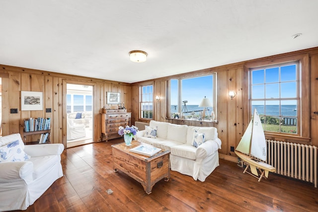 living room featuring radiator heating unit, plenty of natural light, wood-type flooring, and a water view