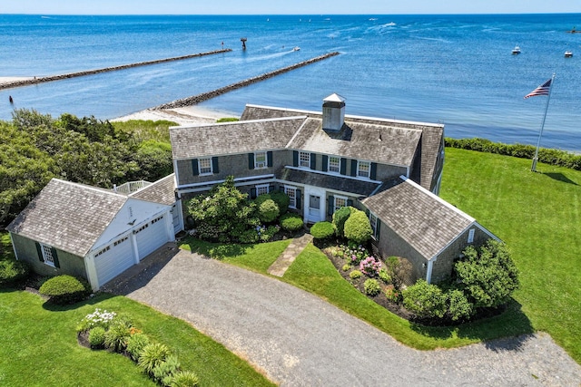 aerial view featuring a water view