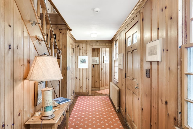 doorway to outside with wood walls and radiator heating unit