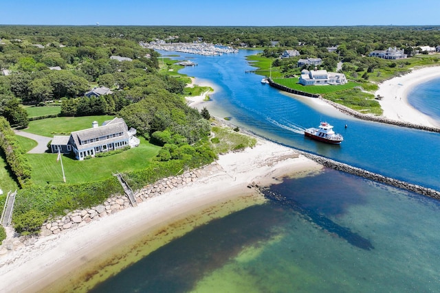 bird's eye view with a water view, a view of the beach, and a view of trees