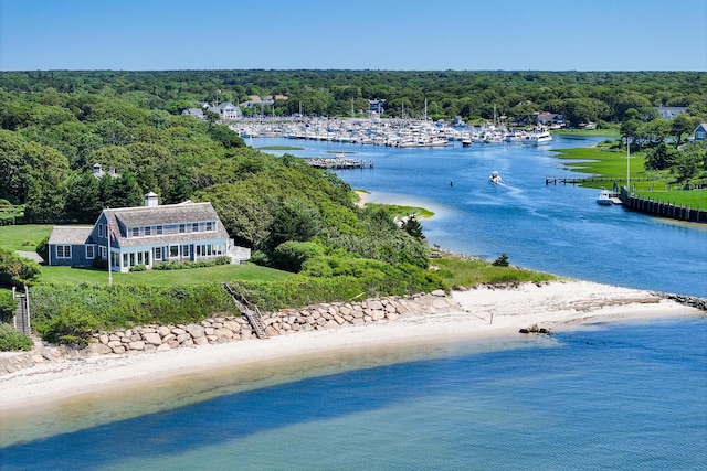 bird's eye view featuring a water view and a view of trees