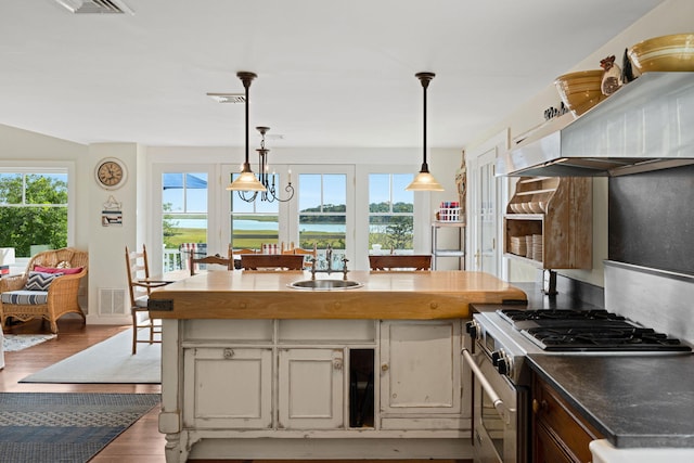63 Briar Spring Rd, Orleans, MA 02653 - kitchen featuring stainless steel gas range, wood finished floors, decorative light fixtures, and exhaust hood