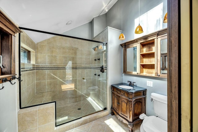 full bathroom featuring toilet, a shower stall, vaulted ceiling, and vanity