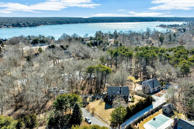 aerial view with a forest view and a water view