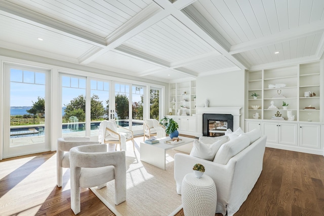 71 Towhee Ln, Orleans, MA 02653 - sunroom with a water view, beam ceiling, french doors, and coffered ceiling