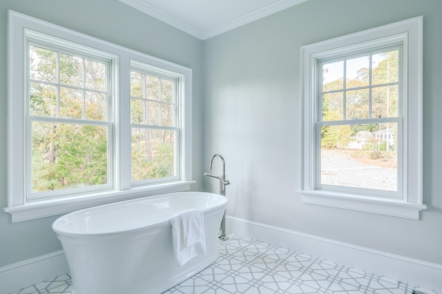 71 Towhee Ln, Orleans, MA 02653 - bathroom with baseboards, crown molding, a wealth of natural light, and a soaking tub