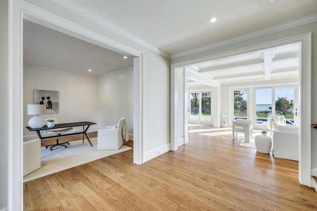 71 Towhee Ln, Orleans, MA 02653 - hallway featuring recessed lighting, ornamental molding, and light wood finished floors