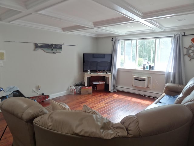 living room with beam ceiling, wood-type flooring, a wall mounted AC, crown molding, and coffered ceiling