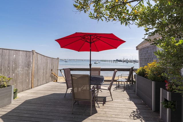 deck featuring a water view